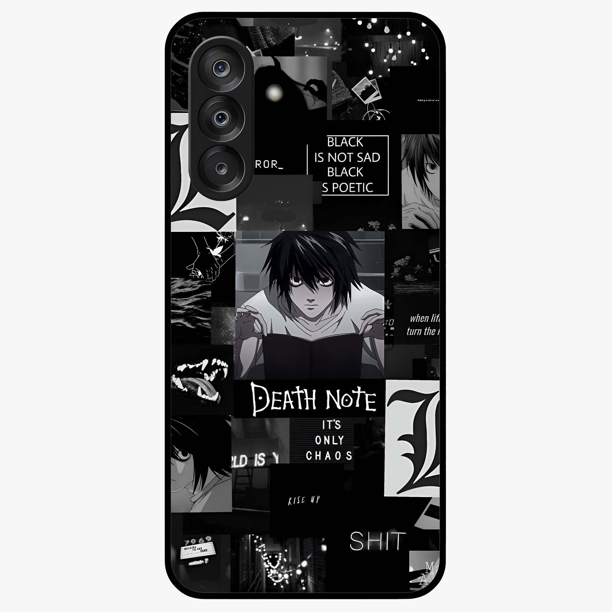 Midnight Chaos Mind Glass Case showing flat back view with abstract dark themed artwork and glossy glass finish.