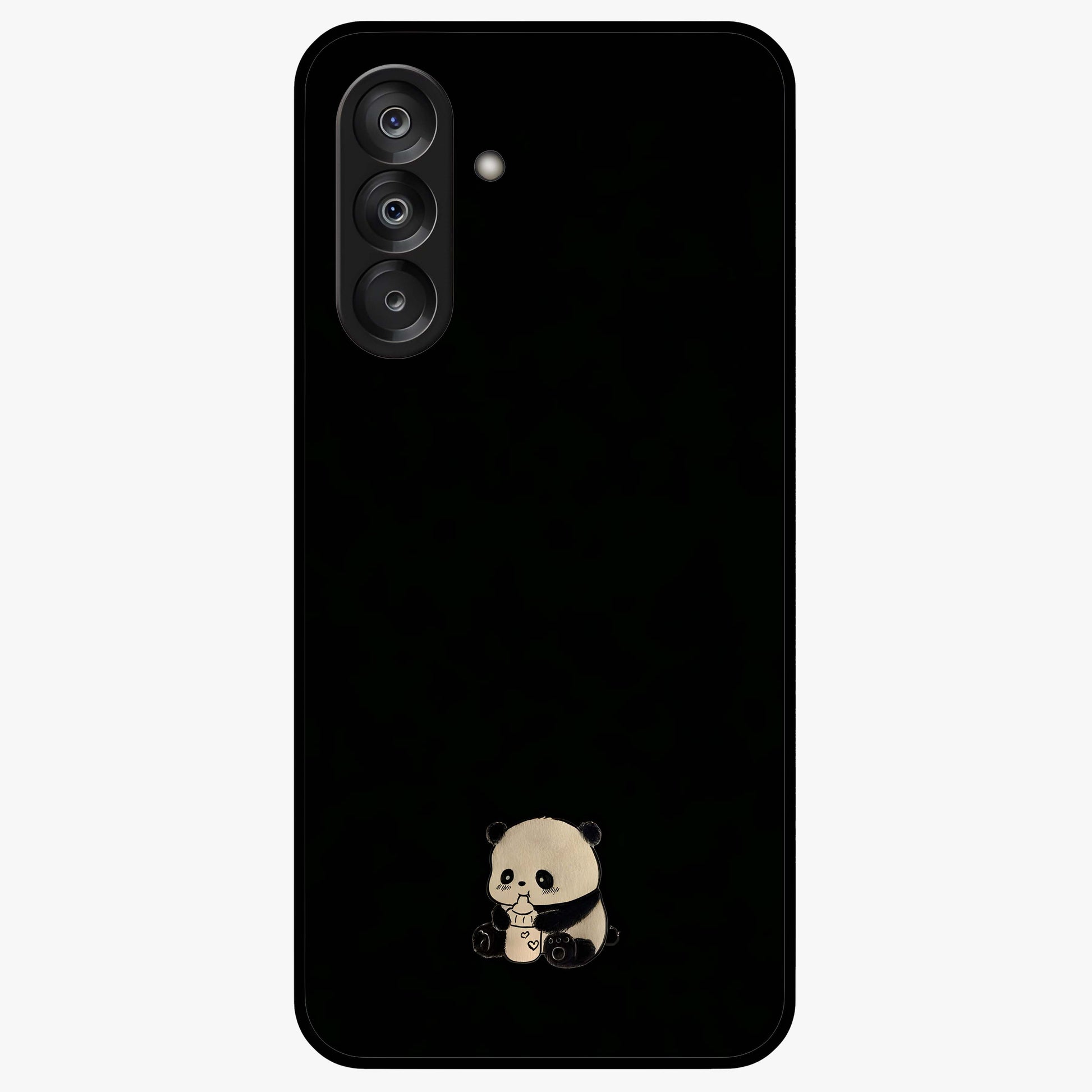 Midnight Panda Love Glass Case showing flat back view with cute panda themed artwork and glossy glass finish.