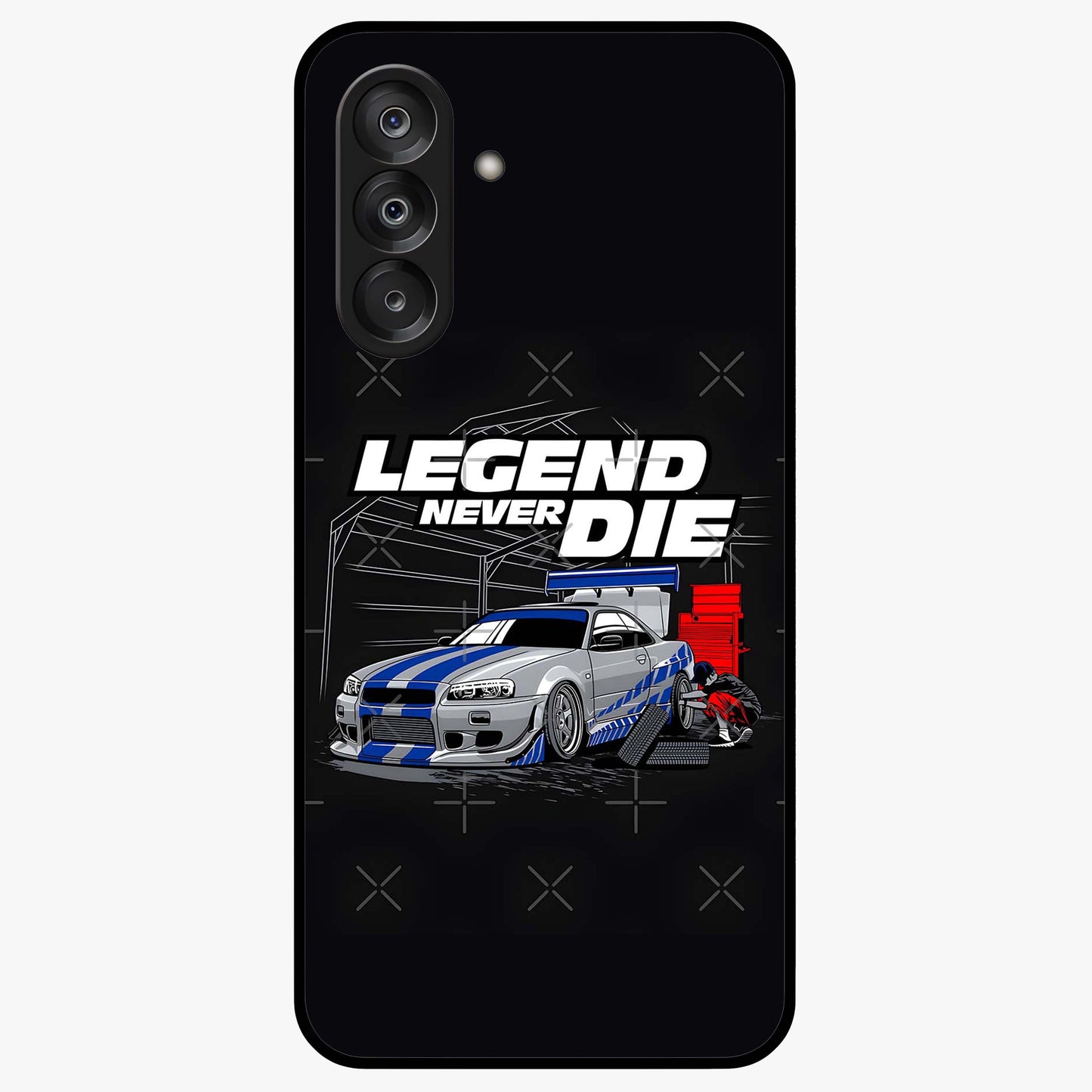 Midnight Racing Legacy Glass Case showing flat back view with sleek racing inspired artwork and glossy glass finish.