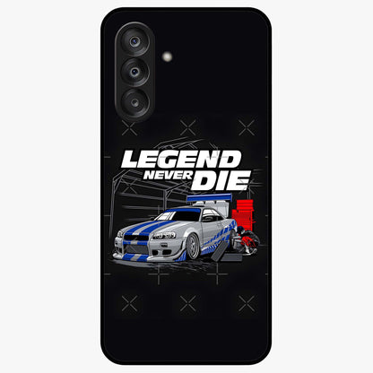 Midnight Racing Legacy Glass Case showing flat back view with sleek racing inspired artwork and glossy glass finish.
