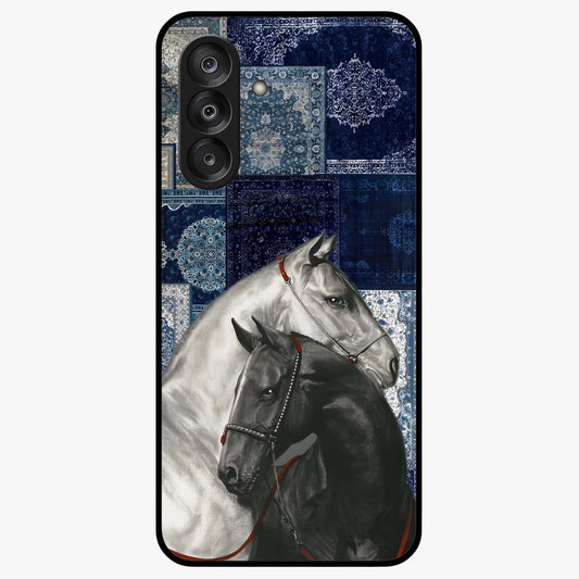 Midnight Stallion Blues Glass Case showing flat back view with majestic horse artwork and glossy glass finish.