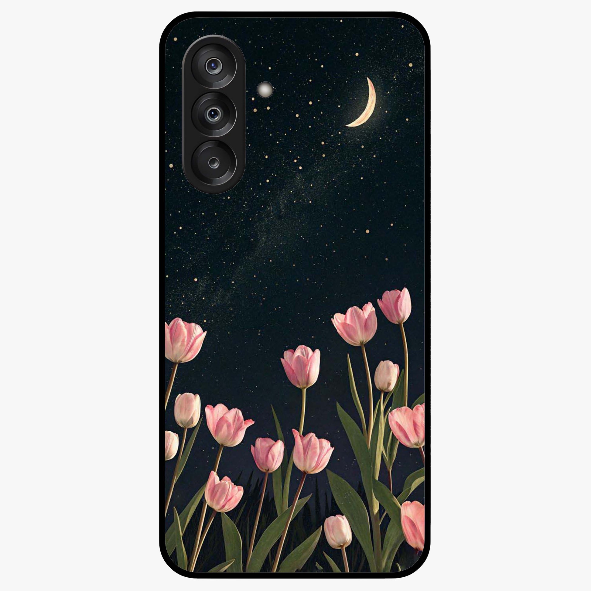 Midnight Tulip Whispers Vibe Glass Case showing flat back view with elegant tulip flower artwork and glossy glass finish.