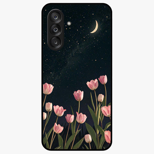 Midnight Tulip Whispers Vibe Glass Case showing flat back view with elegant tulip flower artwork and glossy glass finish.