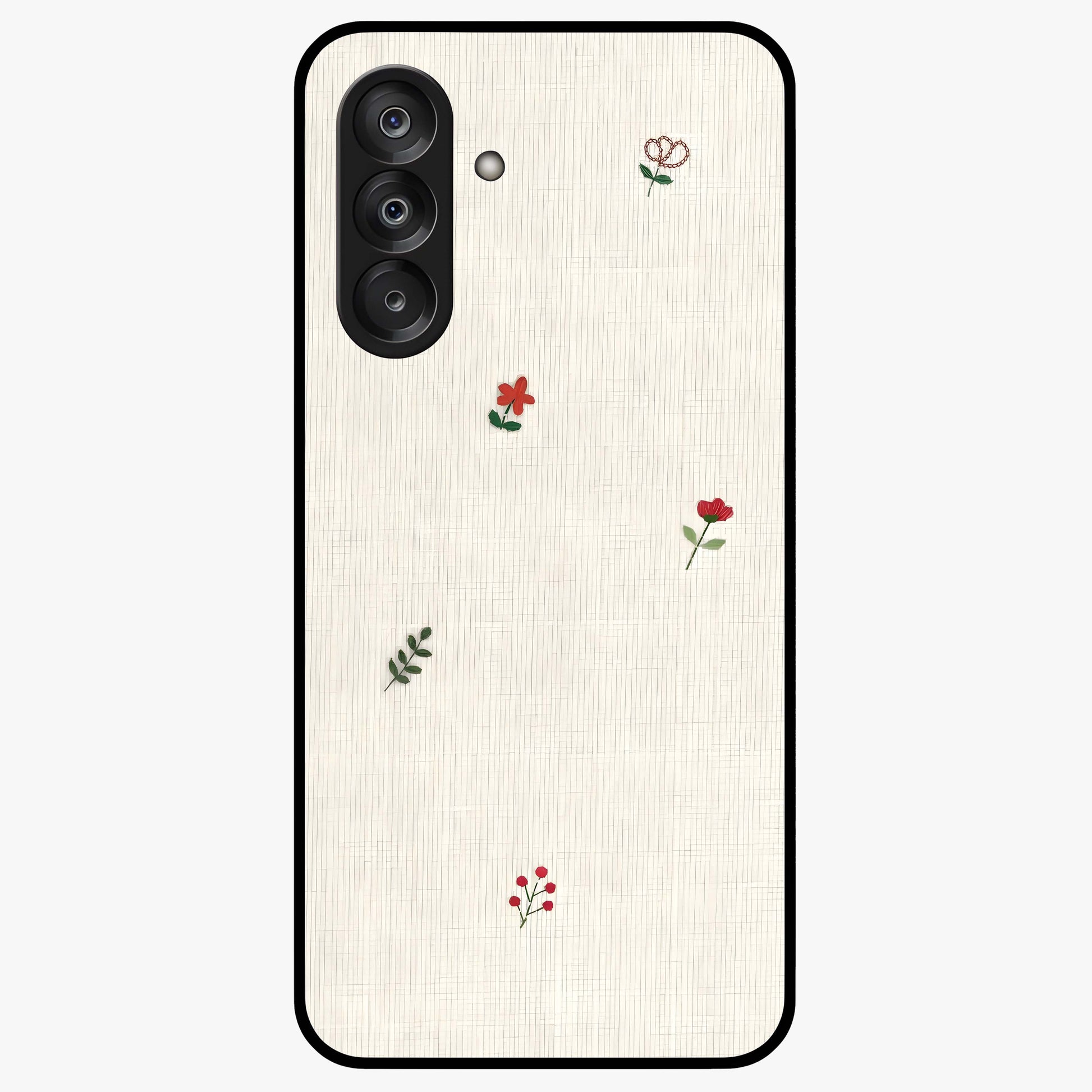 Minimal Petal Whispers Glass Case showing flat back view with soft minimal floral artwork and glossy glass finish.