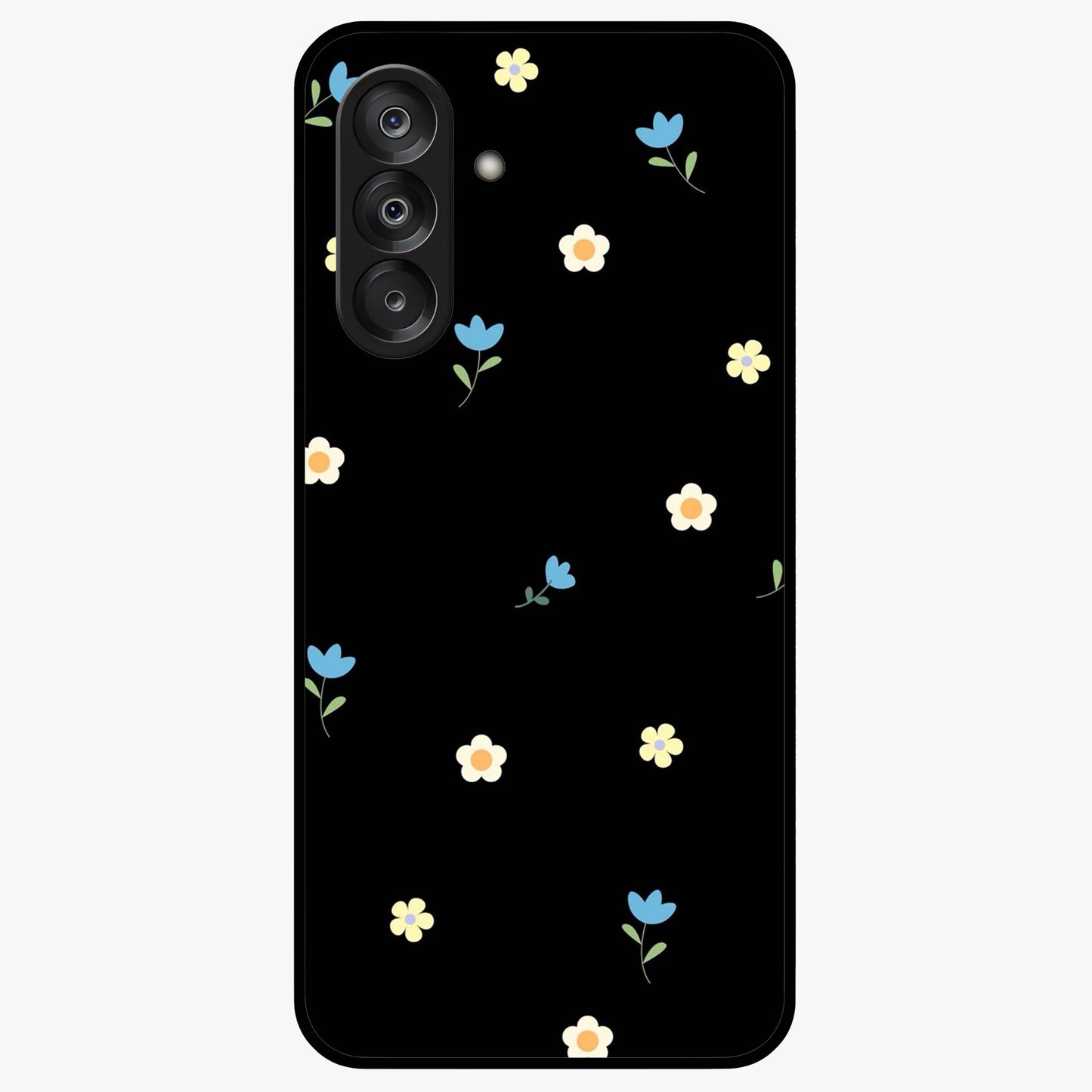 Minimalistic Blue With White Flower Pattern Glass Case showing flat back view with blue background and white flower pattern and glossy glass finish.