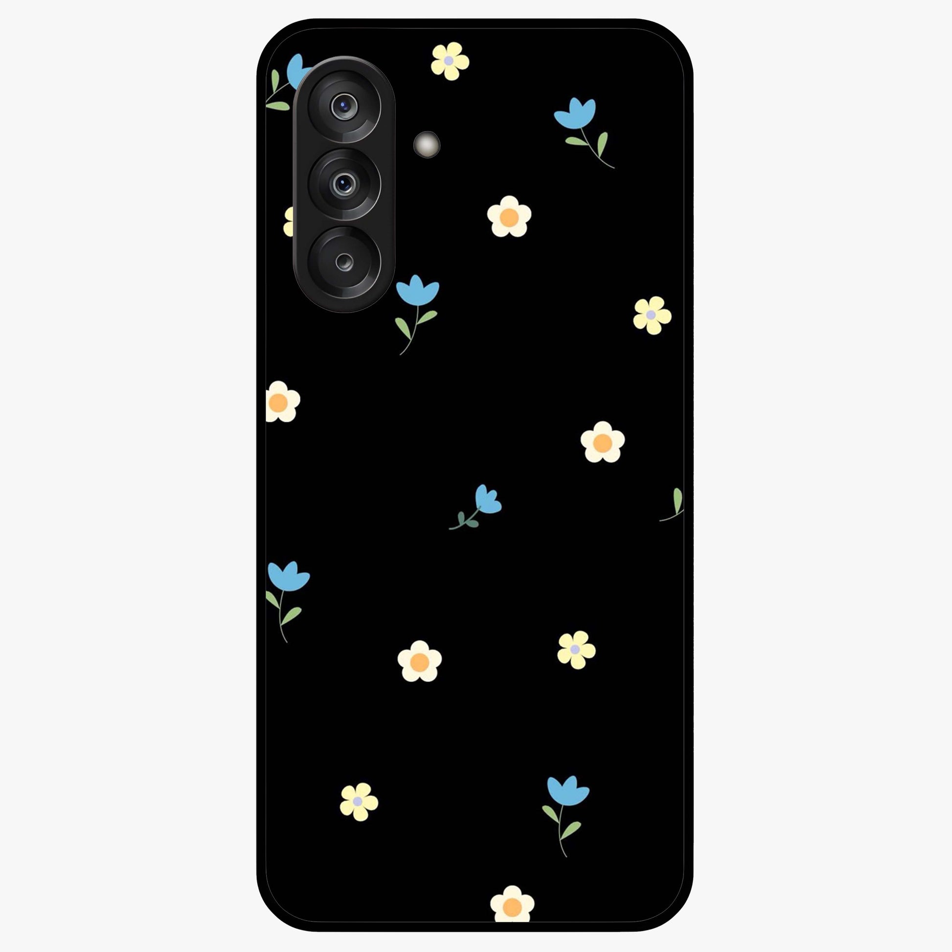 Minimalistic Blue With White Flower Pattern Glass Case showing flat back view with blue background and white flower pattern and glossy glass finish.