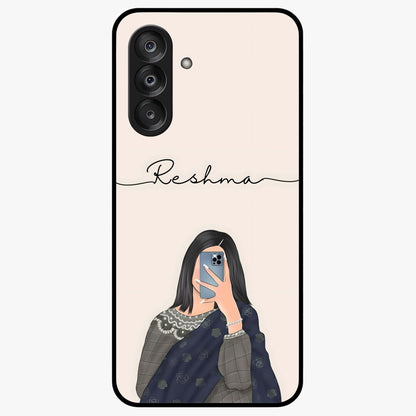 Mirror Mood Muse With Custom Name Glass Case showing flat back view with stylish mirrored artwork and personalized name design.