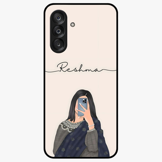 Mirror Mood Muse With Custom Name Glass Case showing flat back view with stylish mirrored artwork and personalized name design.