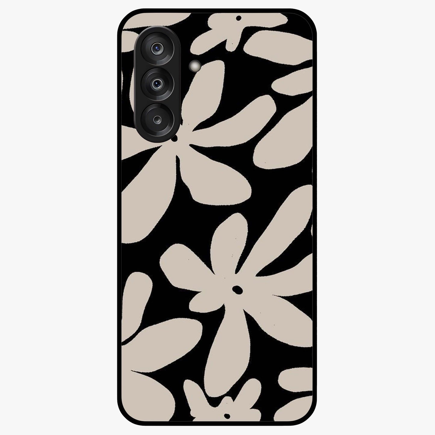 Monochrome Petal Dance Glass Case showing flat back view with monochrome floral artwork and glossy glass finish.
