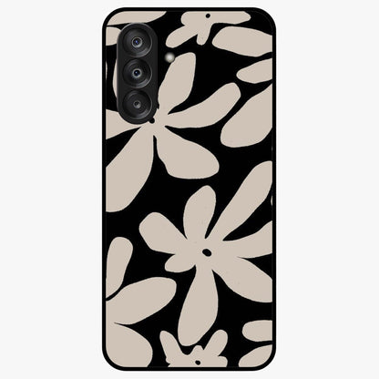 Monochrome Petal Dance Glass Case showing flat back view with monochrome floral artwork and glossy glass finish.