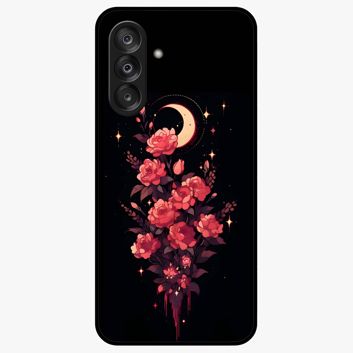 Moonlit Floral Elegance Glass Case showing flat back view with elegant floral artwork under moonlit tones and glossy glass finish.