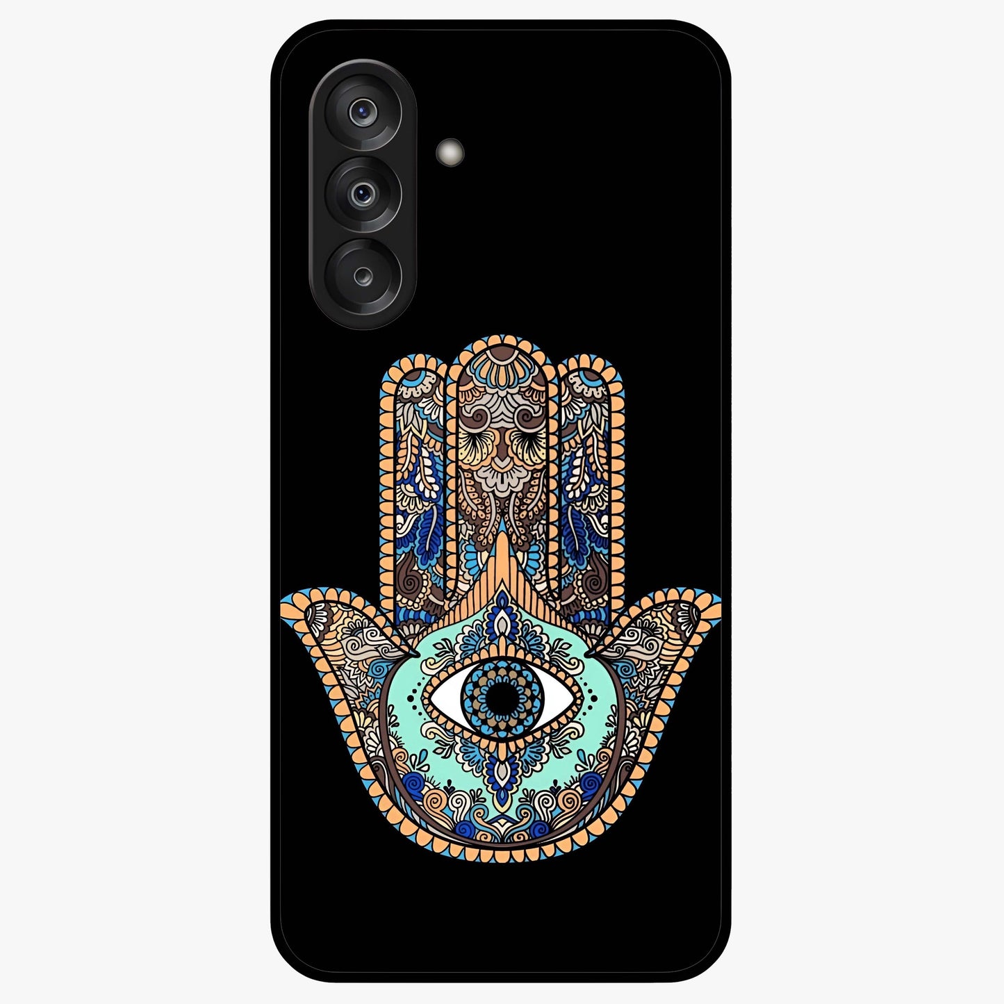 Mystic Hamsa Eye Glass Case showing flat back view with protective hamsa hand and evil eye artwork and glossy glass finish.