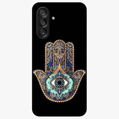 Mystic Hamsa Eye Glass Case showing flat back view with protective hamsa hand and evil eye artwork and glossy glass finish.