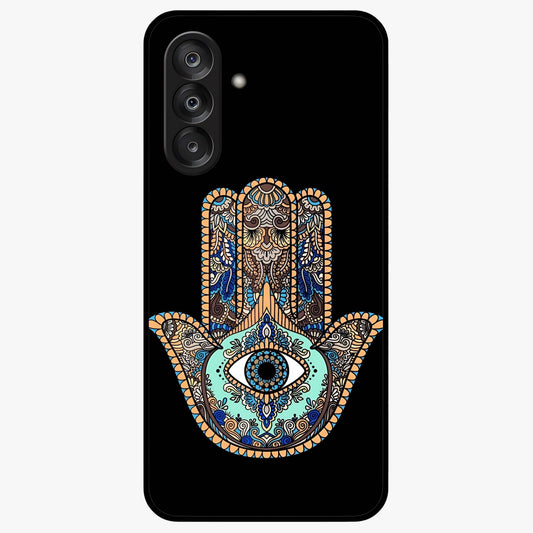 Mystic Hamsa Eye Glass Case showing flat back view with protective hamsa hand and evil eye artwork and glossy glass finish.