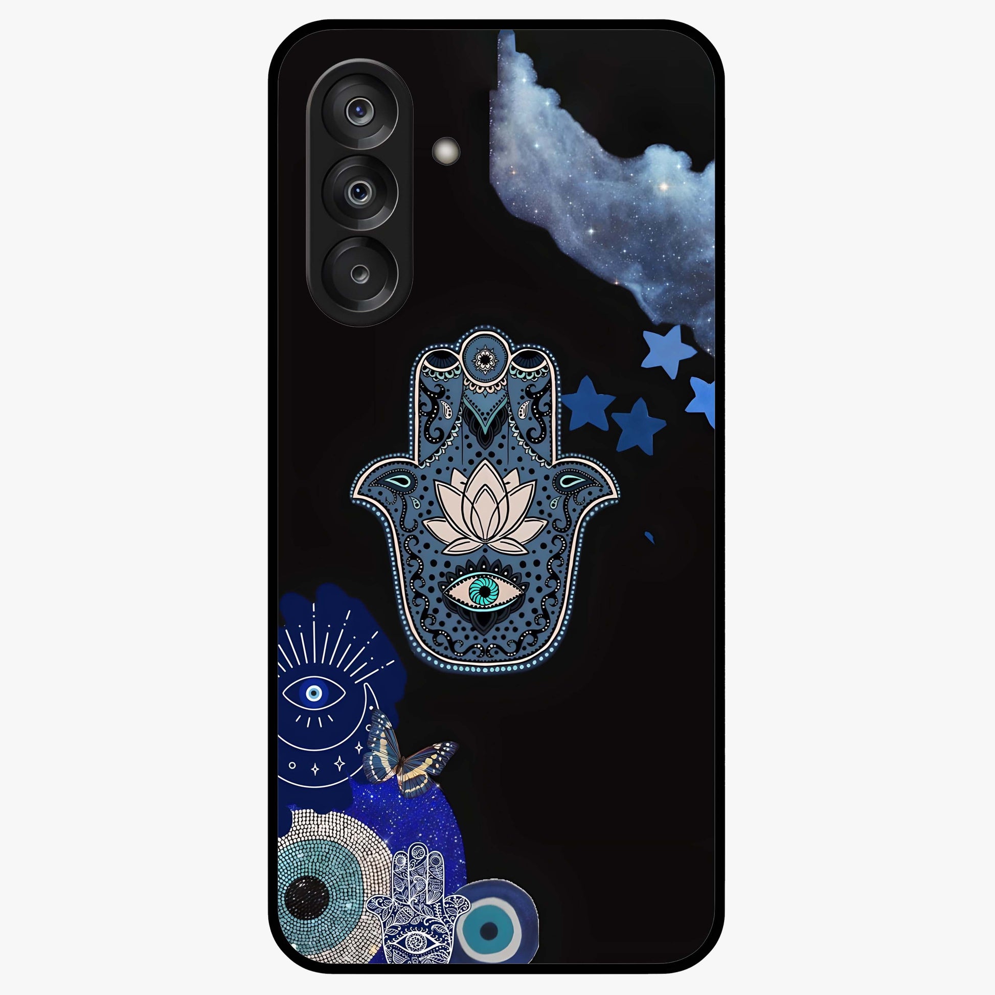 Mystic Hand Aura Glass Case showing flat back view with mystical hand symbol artwork and glossy glass finish.