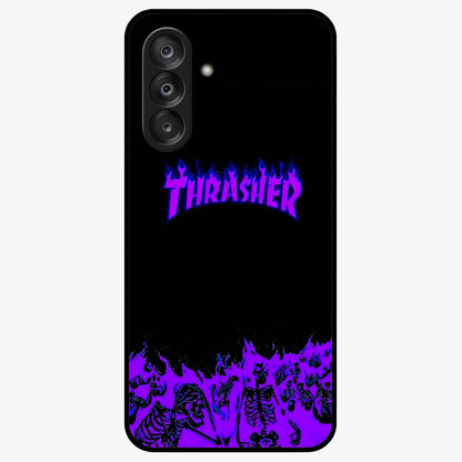 Neon Flame Riot Glass Case showing flat back view with neon flame artwork and glossy glass finish.