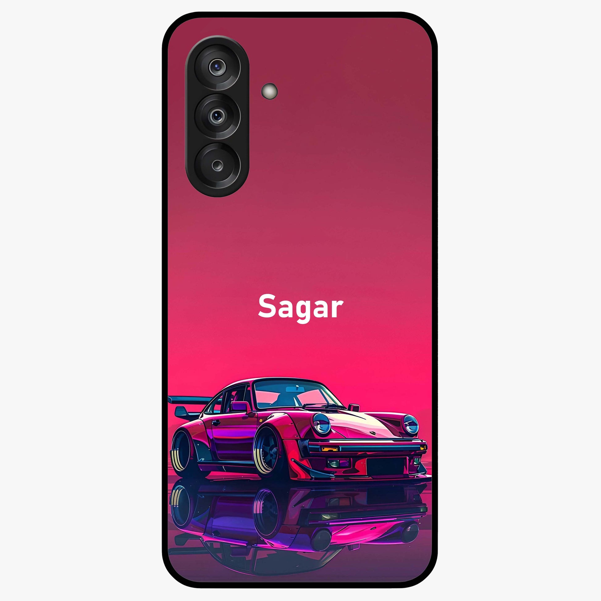 Neon Pink Porsche Glass Case showing flat back view with stylish sports car artwork and glossy glass finish.