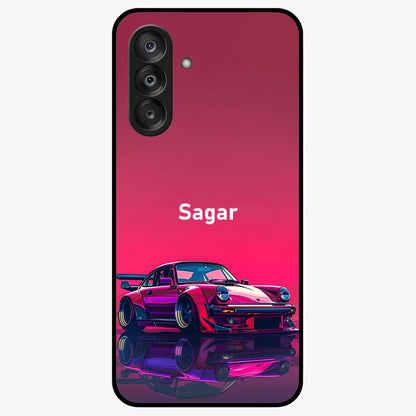 Neon Pink Porsche Glass Case showing flat back view with stylish sports car artwork and glossy glass finish.