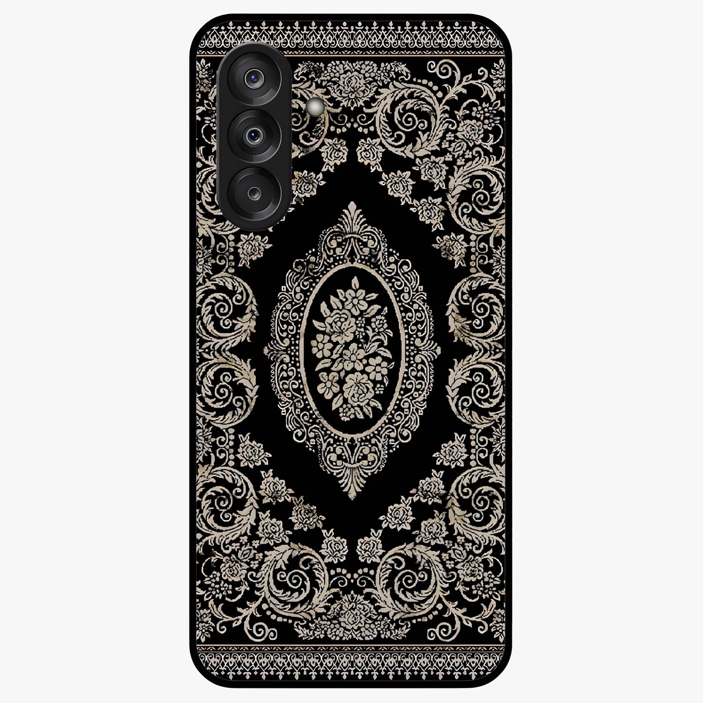 Noir Bloom Elegance Glass Case showing flat back view with elegant dark floral artwork and glossy glass finish.