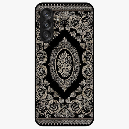 Noir Bloom Elegance Glass Case showing flat back view with elegant dark floral artwork and glossy glass finish.