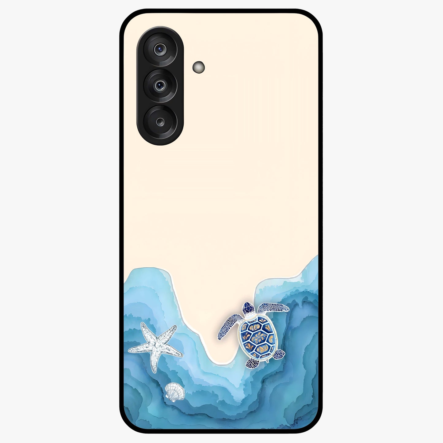 Ocean Drift Turtle Glass Case showing flat back view with sea turtle artwork and glossy glass finish.