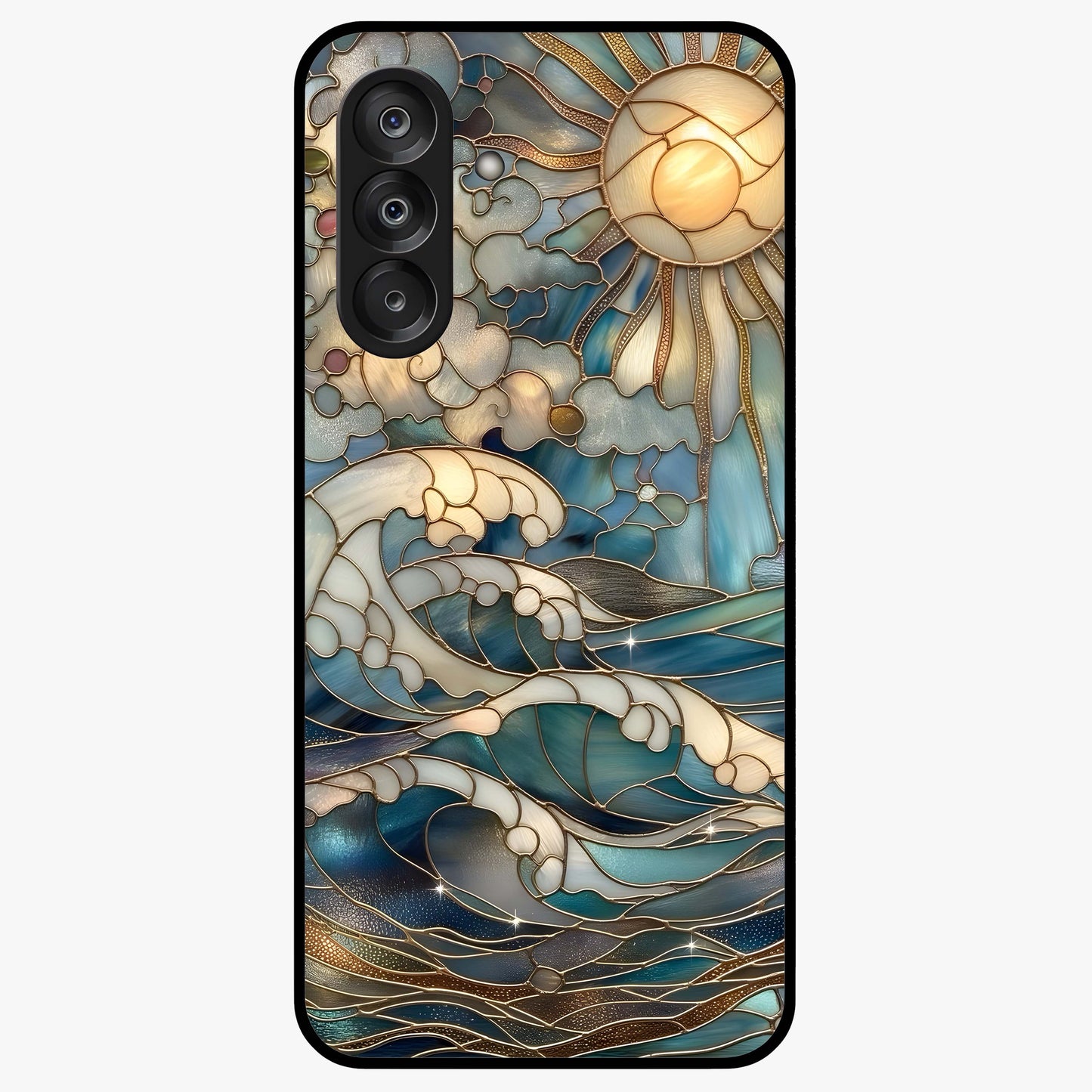 Oceanic Stained Printed Glass Case showing flat back view with ocean inspired stained pattern artwork and glossy glass finish.