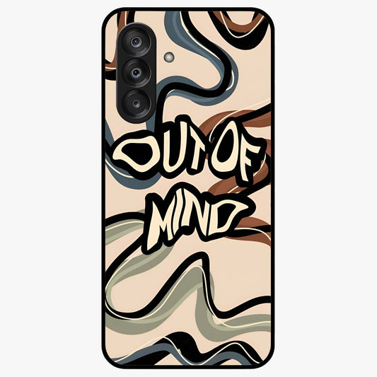 Out Of Mind Glass Case showing flat back view with expressive typography artwork and glossy glass finish.