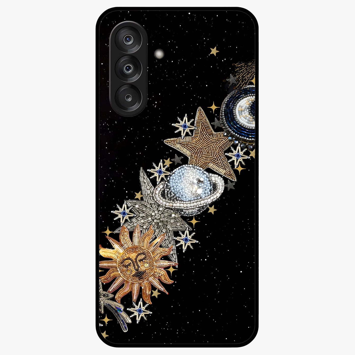 Pearls Universe Object Glass Case showing flat back view with pearl inspired cosmic artwork and glossy glass finish.