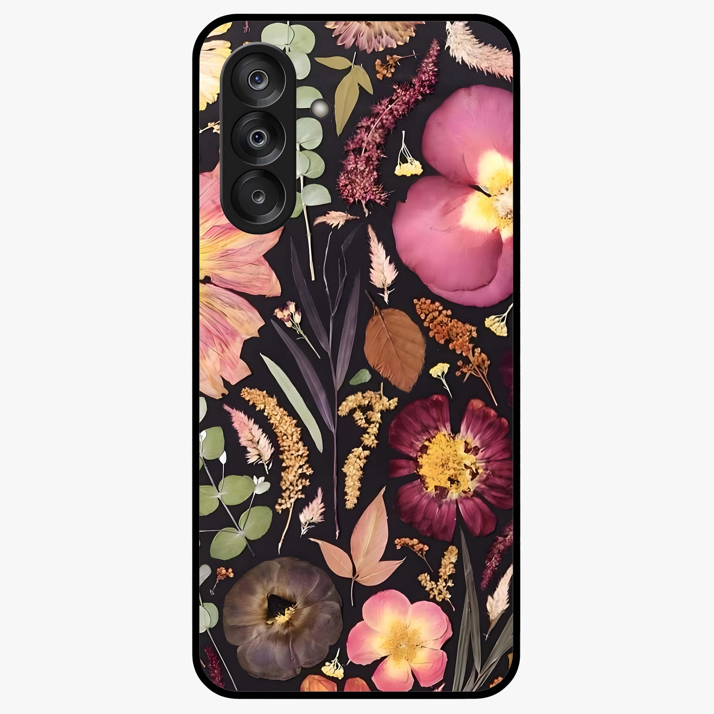 Petal Dream Tapestry Glass Case showing flat back view with intricate floral tapestry artwork and glossy glass finish.