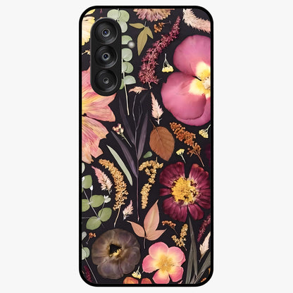 Petal Dream Tapestry Glass Case showing flat back view with intricate floral tapestry artwork and glossy glass finish.
