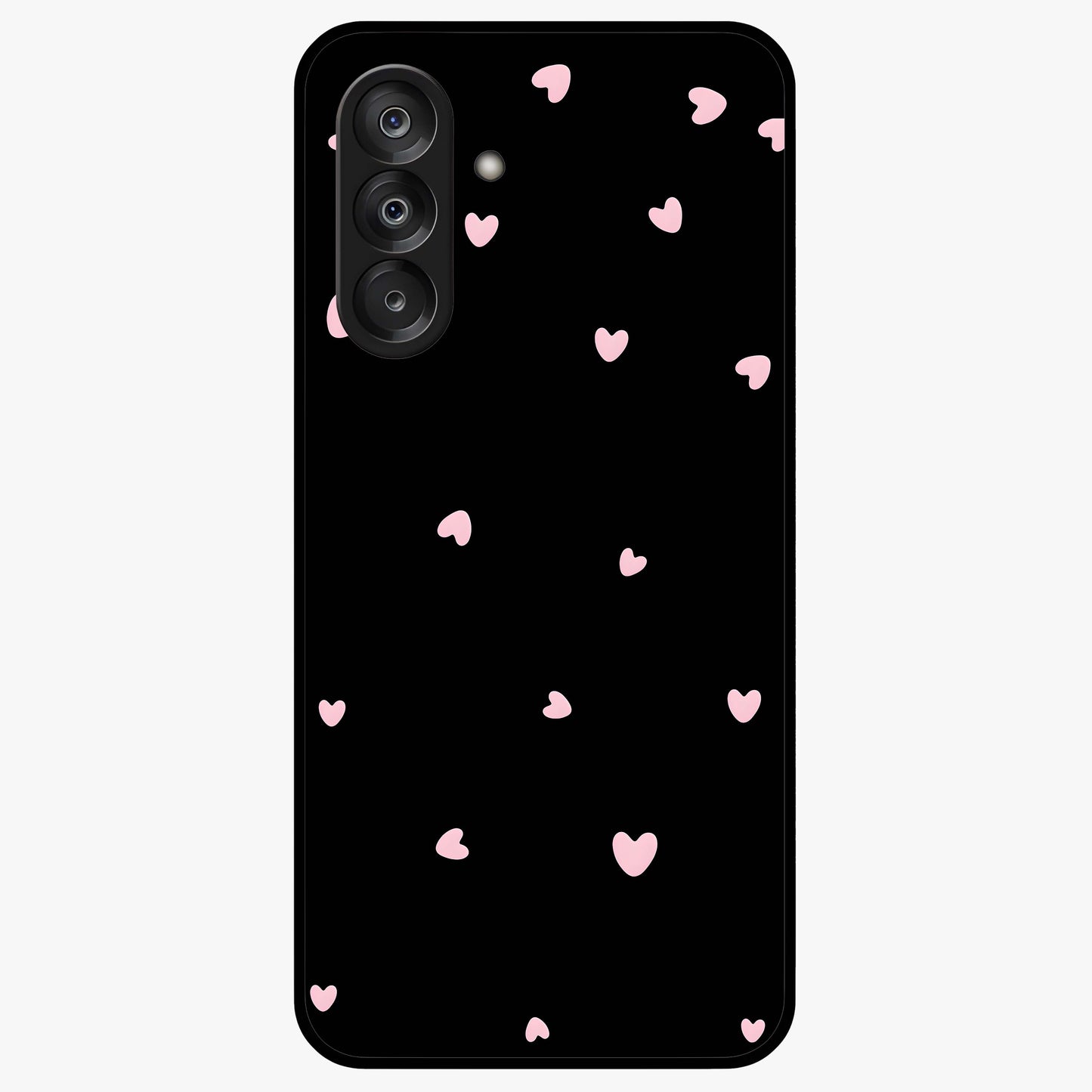 Pink Love Drops Glass Case showing flat back view with playful pink heart drops artwork and glossy glass finish.