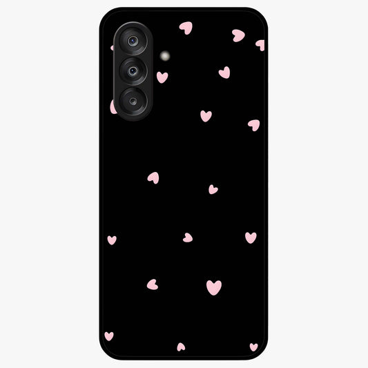 Pink Love Drops Glass Case showing flat back view with playful pink heart drops artwork and glossy glass finish.