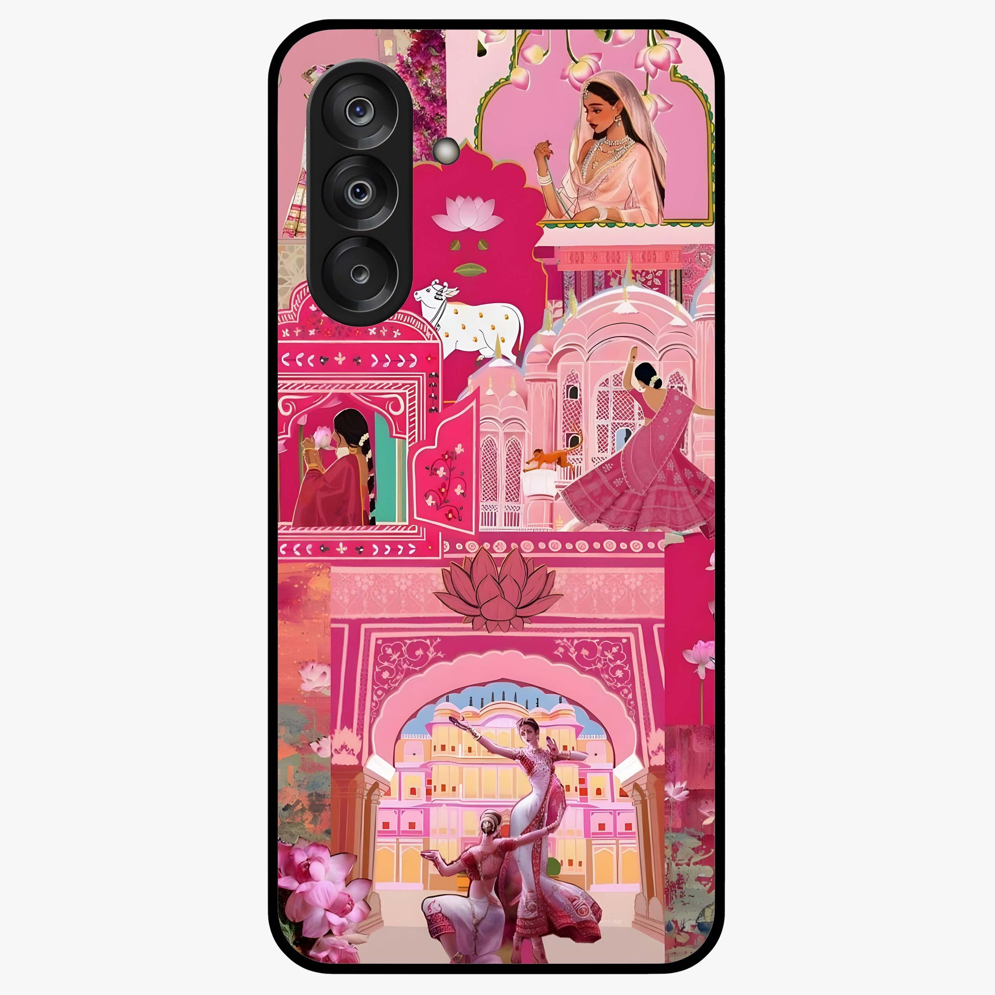Pink Palace Muse Glass Case showing flat back view with elegant palace inspired artwork and glossy glass finish.