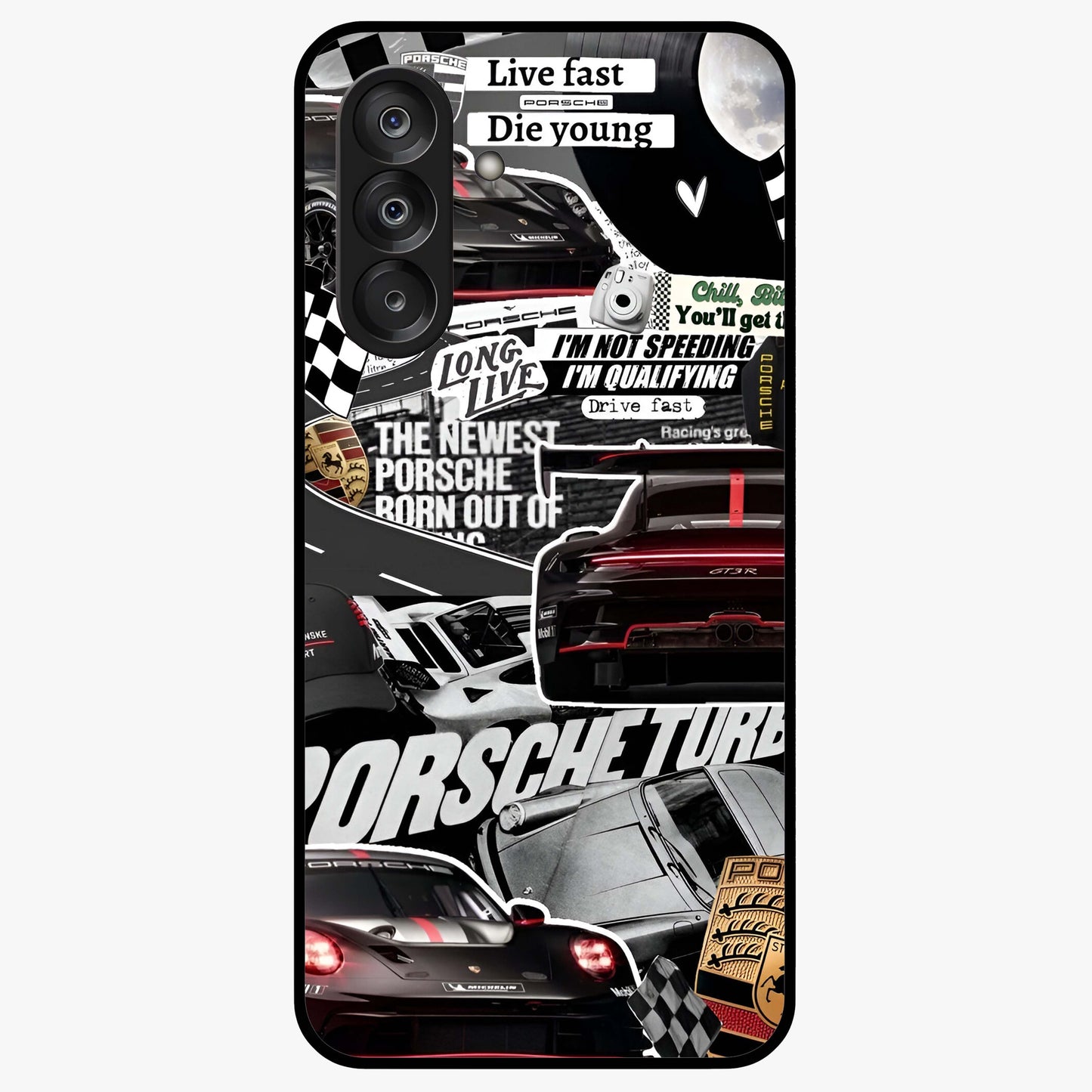 Porsche Racing Collage Glass Case showing flat back view with sports car racing collage artwork and glossy glass finish.