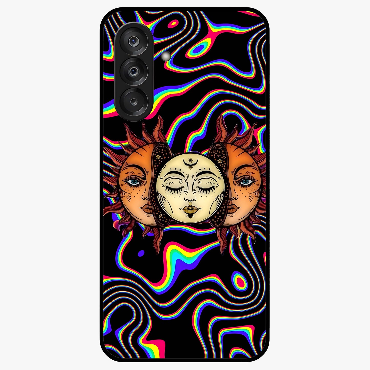 Psychedelic Sun Glass Case showing flat back view with colorful psychedelic sun artwork and glossy glass finish.