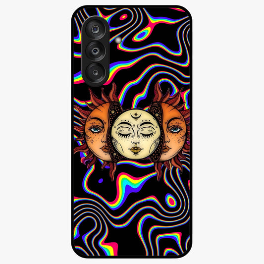 Psychedelic Sun Glass Case showing flat back view with colorful psychedelic sun artwork and glossy glass finish.