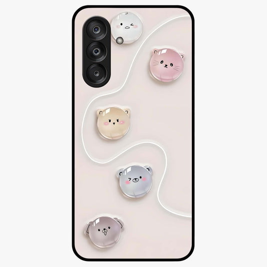 Puffy Face Parade Glass Case showing flat back view with cute puffy character faces artwork and glossy glass finish.