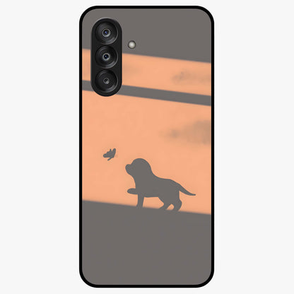 Puppy Shadow Art Glass Case showing flat back view with cute puppy shadow style artwork and glossy glass finish.