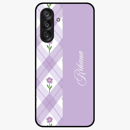 Purple Diamond Floral Glass Case showing flat back view with diamond shaped floral artwork and glossy glass finish.