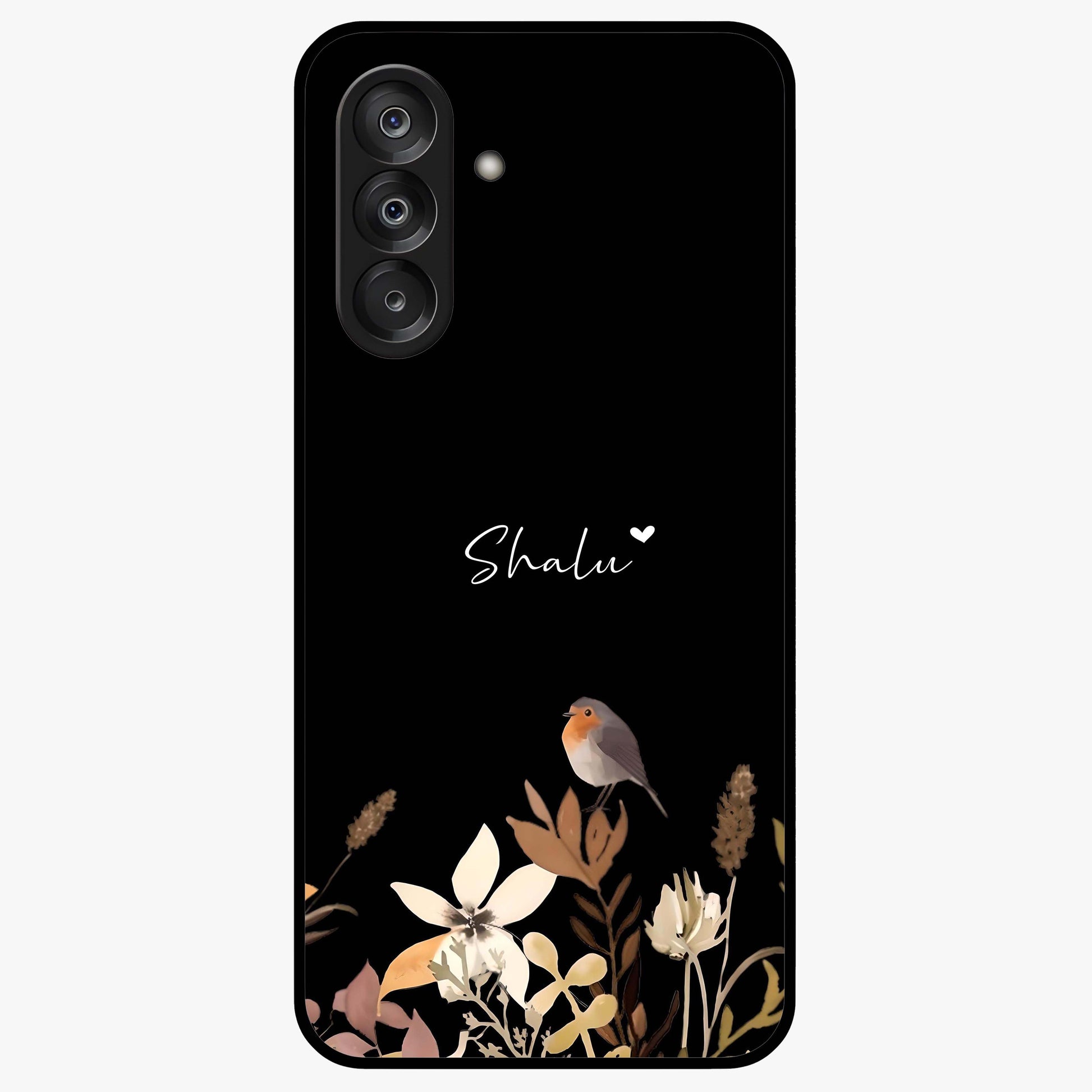 Quiet Garden Tune Custom Name Glass Case showing flat back view with peaceful garden artwork and personalized name design.