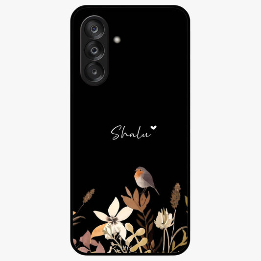 Quiet Garden Tune Custom Name Glass Case showing flat back view with peaceful garden artwork and personalized name design.