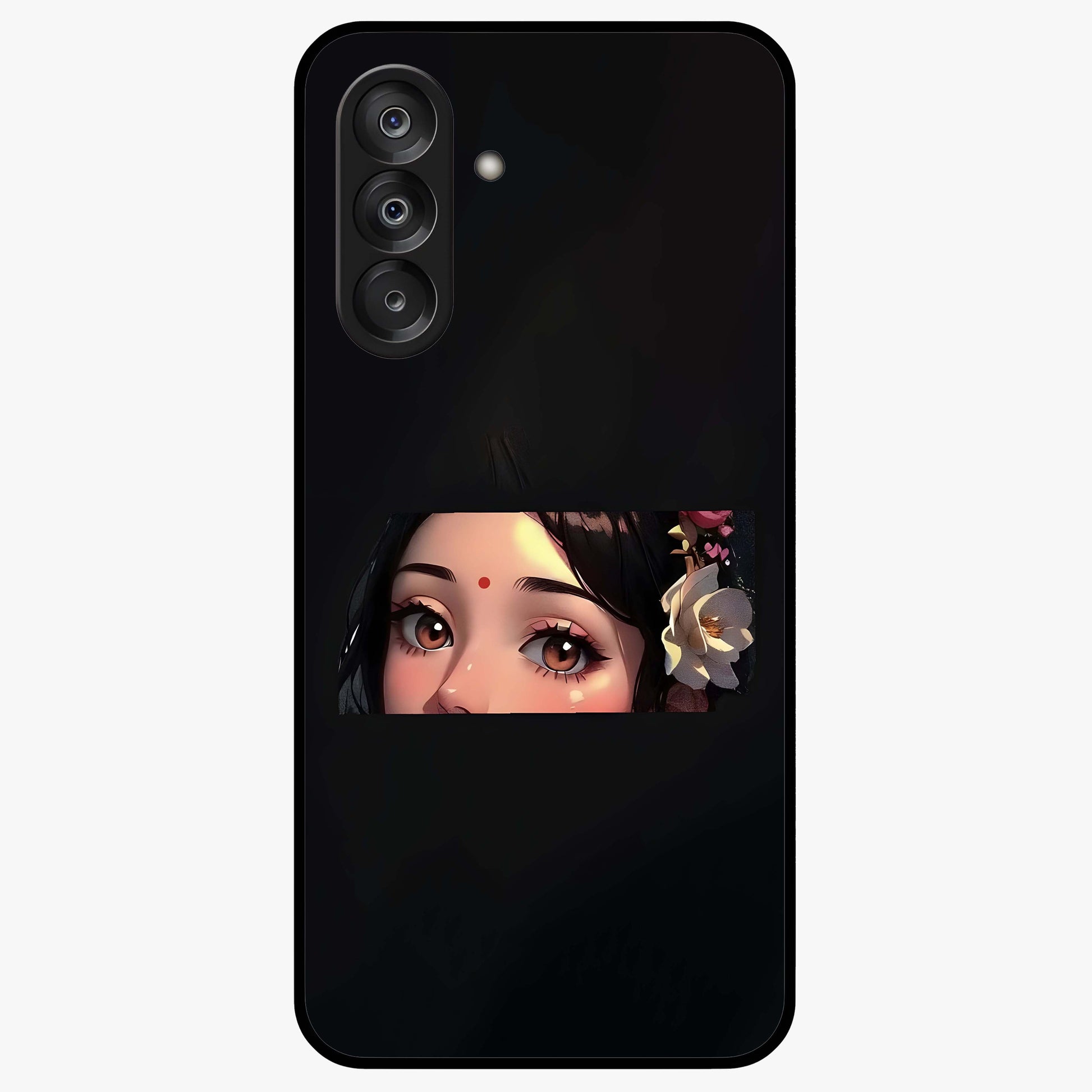 Radha Divine Embrace Glass Case showing flat back view with devotional Radha artwork and glossy glass finish.