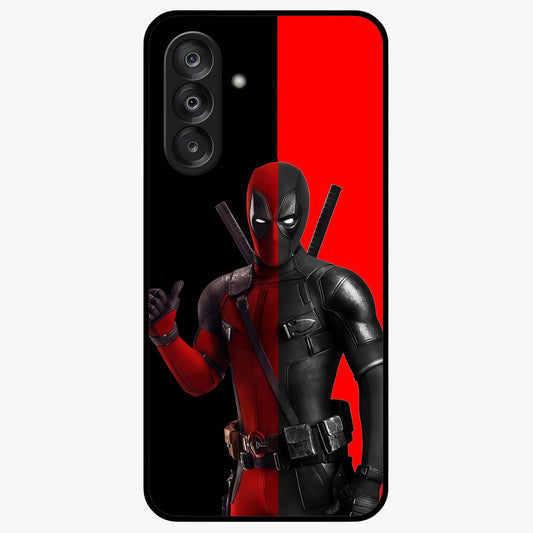 Red & Black Deadpool Theme Glass Case showing flat back view with bold comic inspired artwork and glossy glass finish.