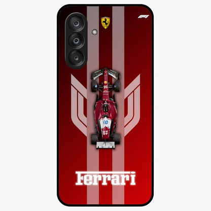 Red Ferrari F1 Vertical Glass Case showing flat back view with sleek Formula racing car artwork and glossy glass finish.