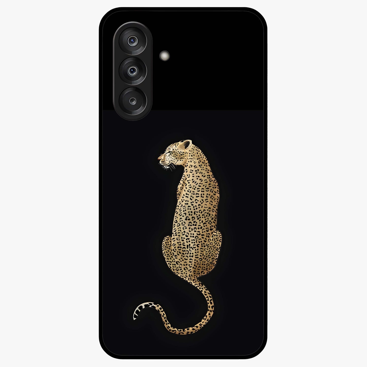 Regal Leopard Glass Case showing flat back view with bold leopard artwork and glossy glass finish.