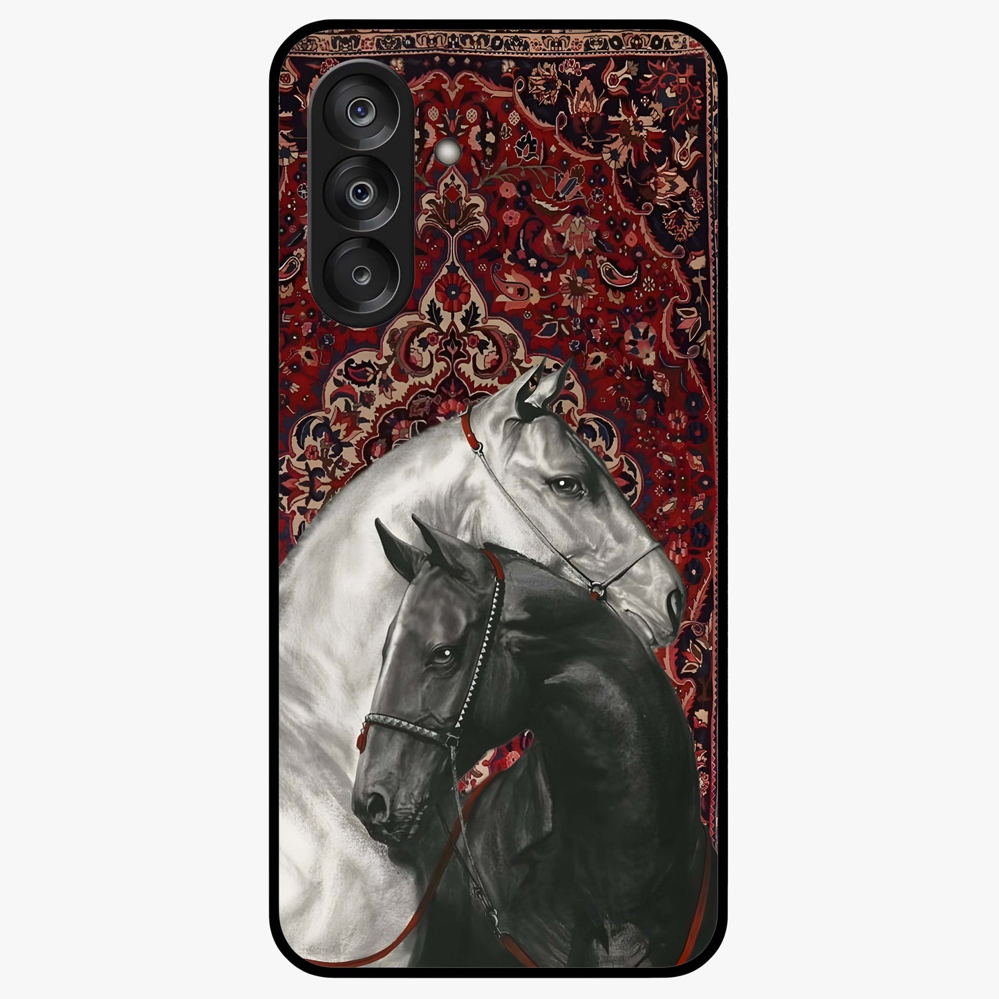 Regal Stallion Tapestry Glass Case showing flat back view with majestic horse tapestry artwork and glossy glass finish.