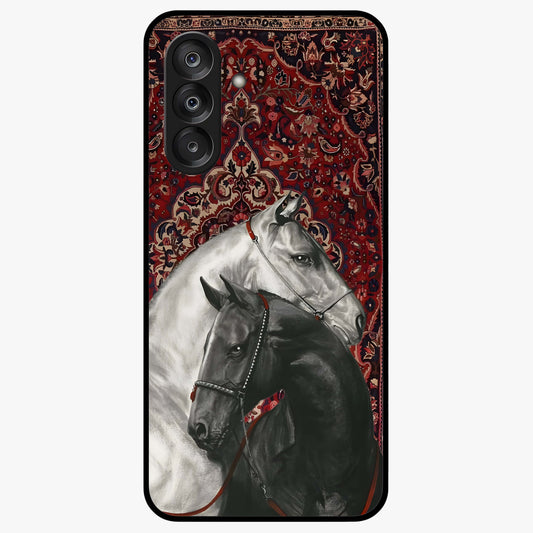 Regal Stallion Tapestry Glass Case showing flat back view with majestic horse tapestry artwork and glossy glass finish.