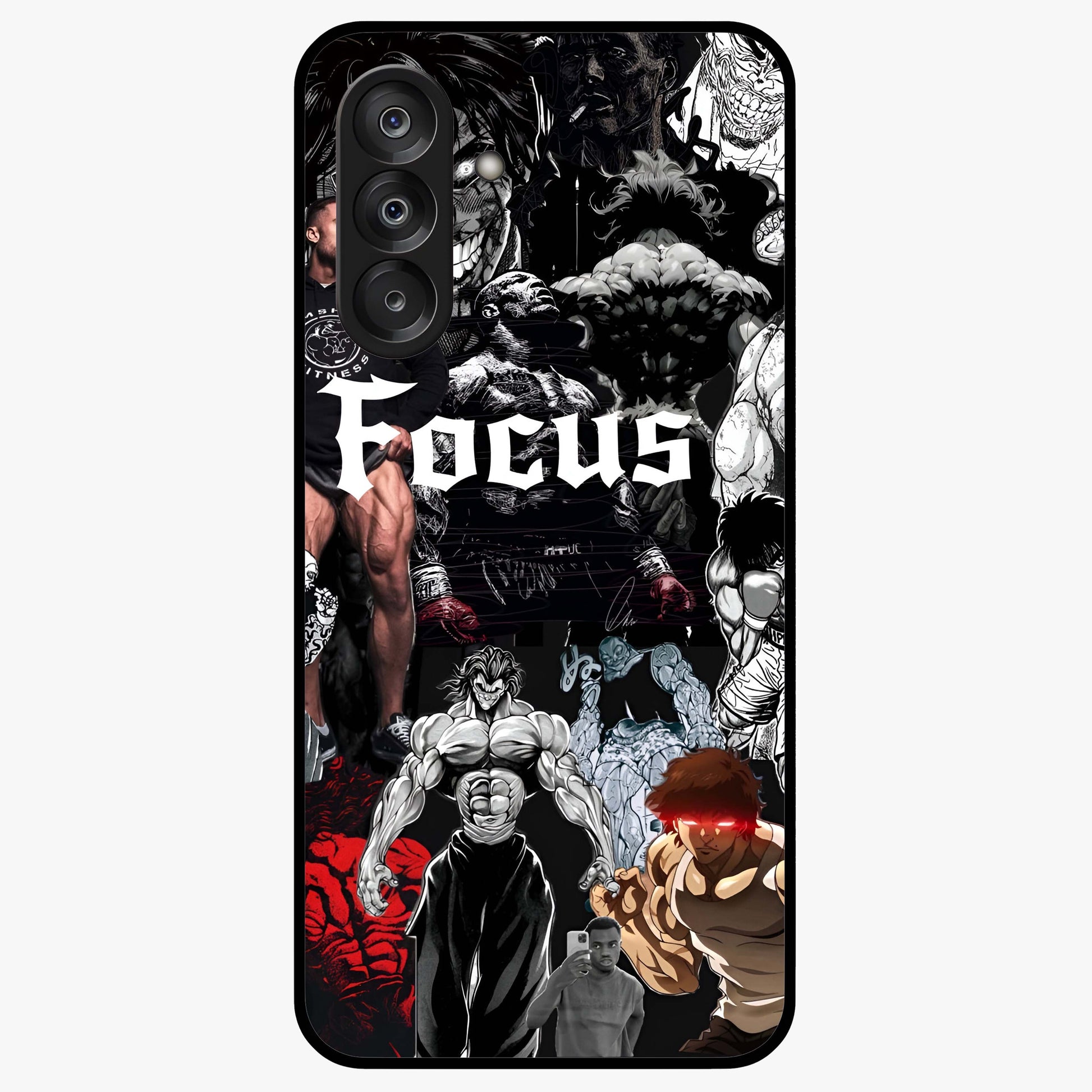 Relentless Power Focus Glass Case showing flat back view with motivational typography artwork and glossy glass finish.