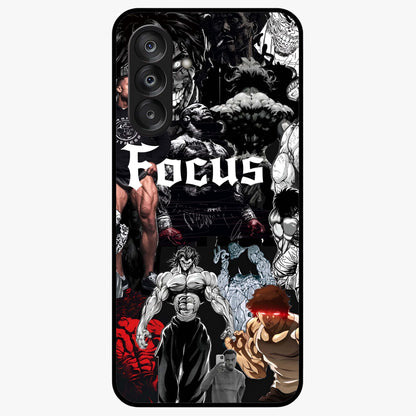 Relentless Power Focus Glass Case showing flat back view with motivational typography artwork and glossy glass finish.