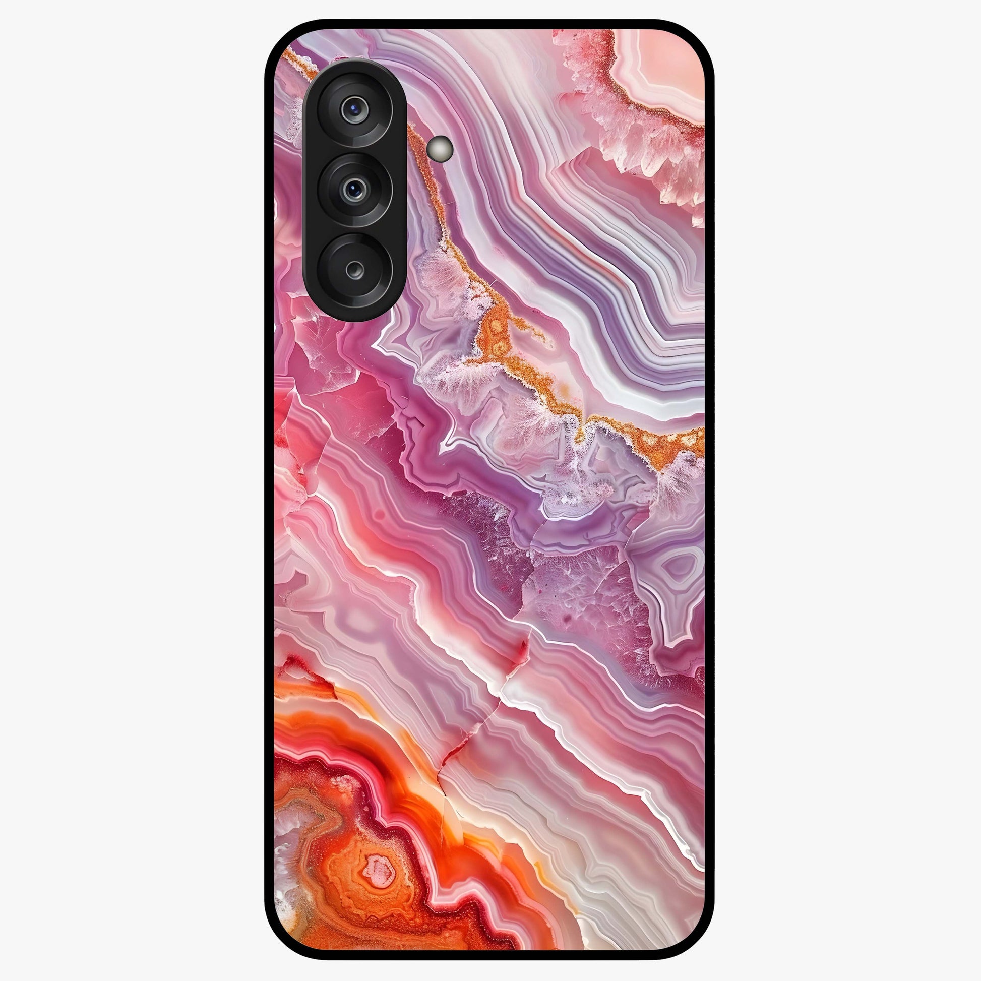 Rose Quartz Marble Glass Case showing flat back view with pink marble quartz texture artwork and glossy glass finish.